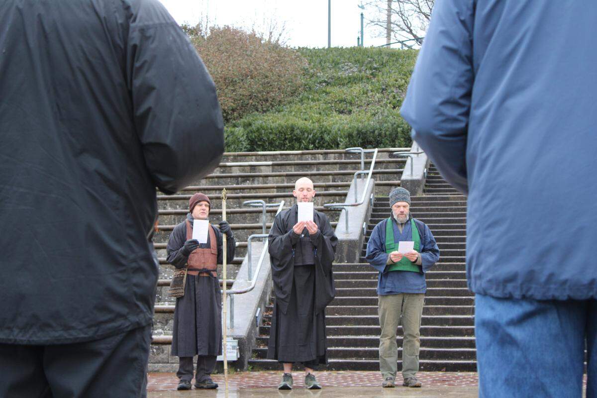 Red Cedar Zen Community leaders lead the group in chants for peace on Feb. 21.
