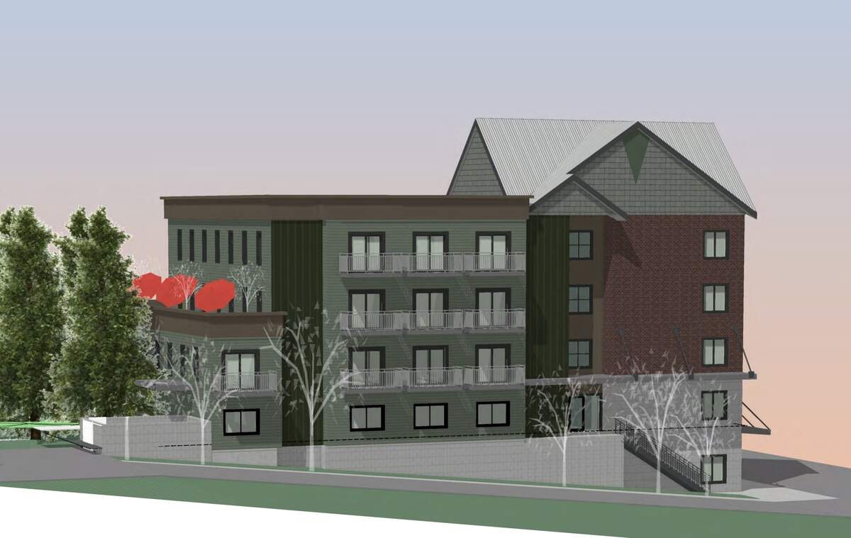 A rendering shows the proposed design of a 54-unit studio apartment building that would be built with no vehicle parking on Byron Avenue and 35th Street in Bellingham, Wash.