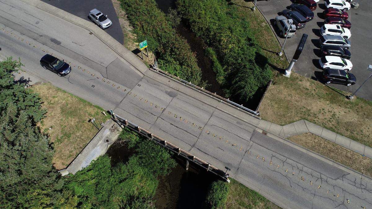 An undated drone photo shows the James Street bridge over Whatcom Creek, which is scheduled for replacement.