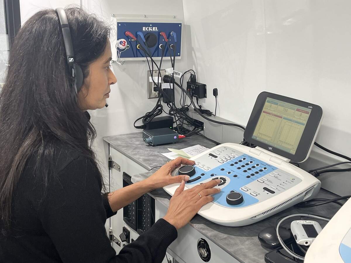 Bellingham Public Schools audiologist Dr. Geeta Sawh conducts a hearing test in the district’s new audiology van on October 28, 2025, in Bellingham, Wash. The van has screening tools that allow for more comprehensive testing of students with hearing differences.