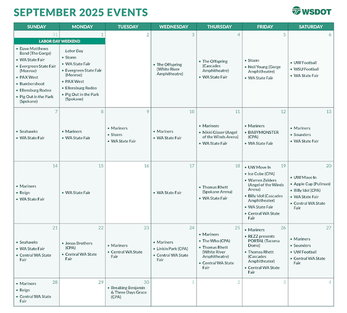 The Washington State Department of Transportation published a calendar of notable events in September that could see additional traffic due to summer roadwork.
