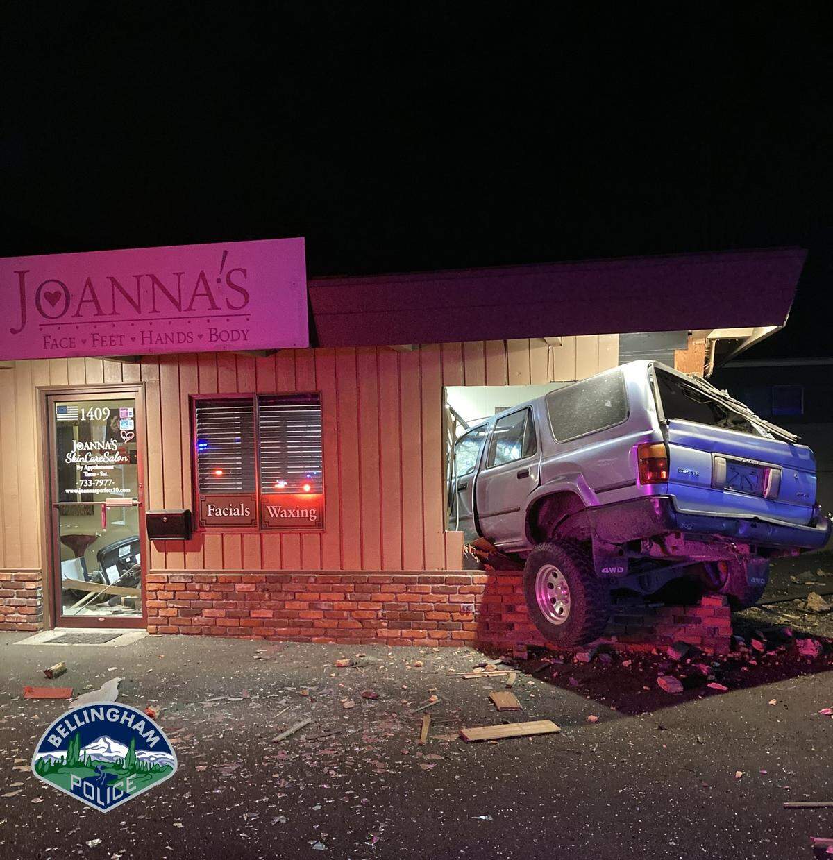 The driver of a Toyota 4 Runner reportedly hit two Bellingham businesses on Girard Street Sunday, May 1, getting stuck in the building housing Joanna’s Ski Care Salon.