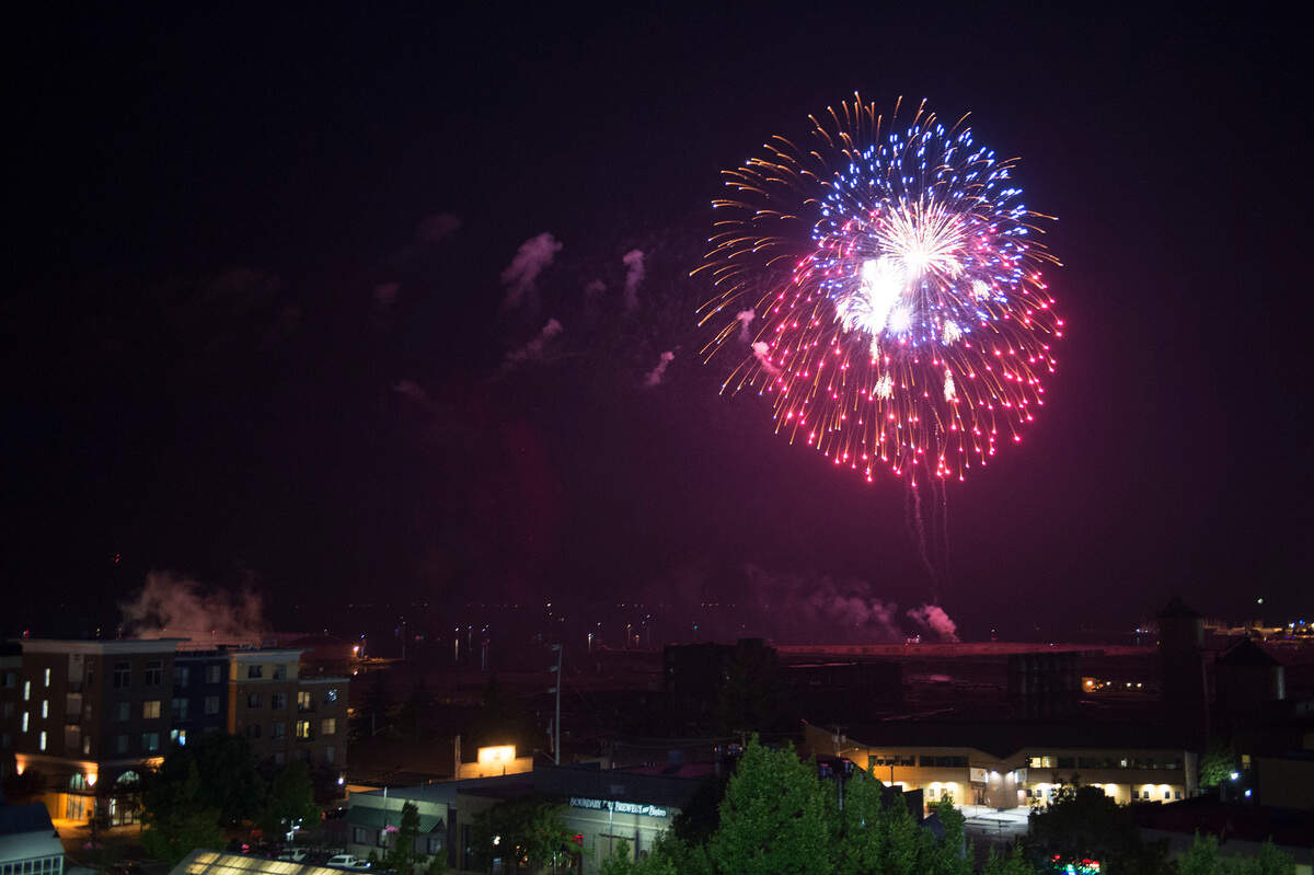 Fireworks light up the night sky July 4, 2018 over Bellingham Bay at the close of the Haggen 4th of July celebration.