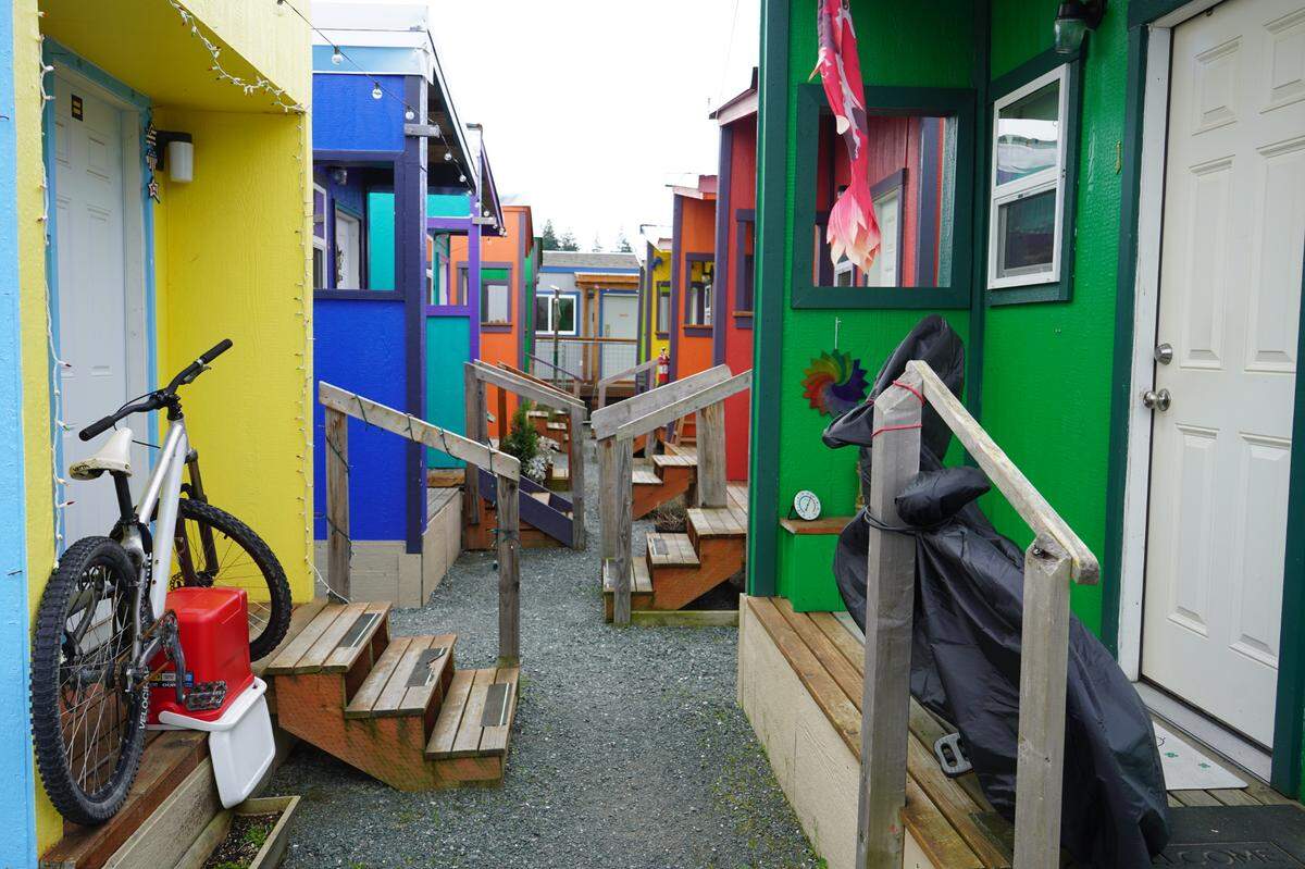 Unity Village had 23 tiny homes in use on April 20, 2023, in Bellingham, Wash. Formerly homeless people live in the community, which operates under a temporary shelter permit on city-owned land.