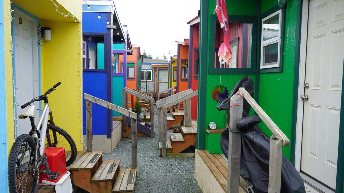 Unity Village had 23 tiny homes in use on April 20, 2023, in Bellingham, Wash. Formerly homeless people live in the community, which operates under a temporary shelter permit on city-owned land.