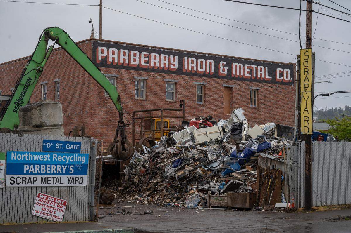 The site of Northwest Recycling in Old Town, on Wednesday, May 4, is included in the nine different sites near C and Holly streets in Bellingham listed for sale by the Parberry family. The nearly seven acres site is listed for a total price of $13.95 million. A city agreement allows Northwest Recycling to operate the scrapyard there until February 2023.