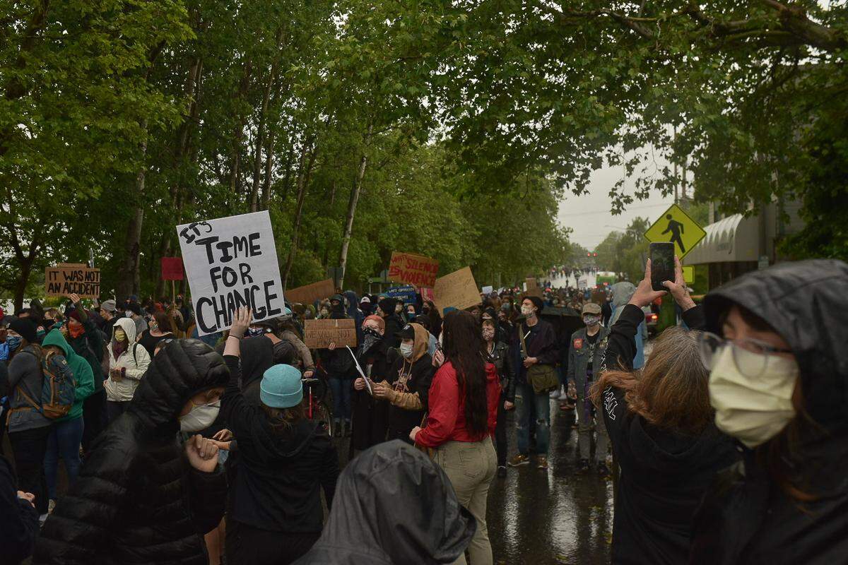 Several hundred people marched Saturday, May 30, from Elizabeth Park to a downtown library vigil site and then to Trader Joe’s in Bellingham, to protest the killing of George Floyd, an unarmed black man in the custody of Minneapolis police.