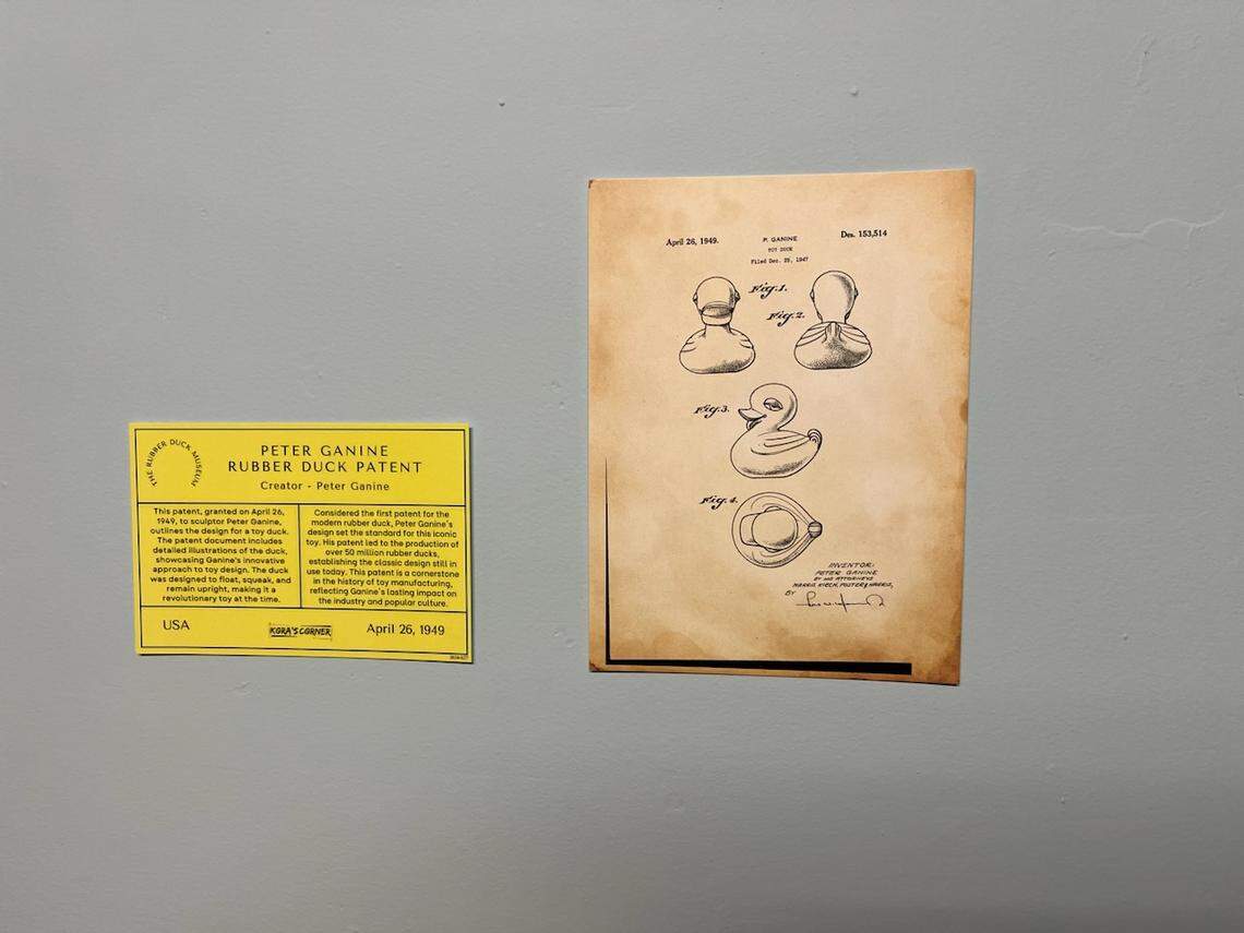 A replica of Peter Ganine’s patent for the first modern rubber duck hangs on the wall at the Rubber Duck Museum in Point Roberts, Wash.