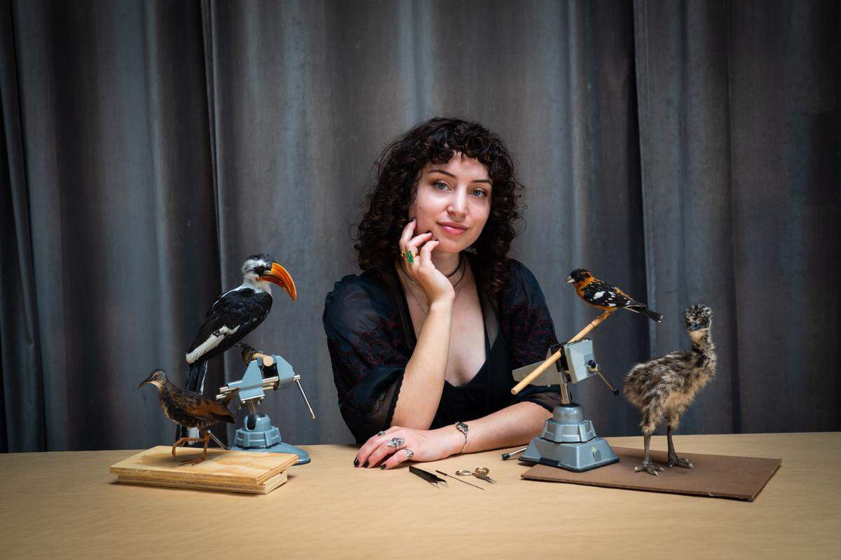 Paloma Strong of Prey Taxidermy poses with four birds.