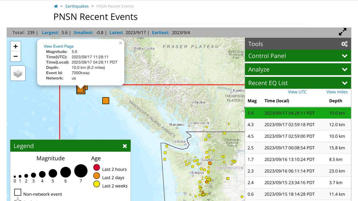 A screenshot from the Pacific Northwest Seismic Network website shows the location of four moderate earthquakes recorded off the northwest tip of Vancouver Island on Sunday, Sept. 17, 2023.