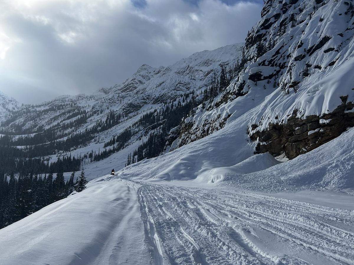 A snowmobiler travels on the North Cascades Highway near Early Winters on the east side at milepost 178.