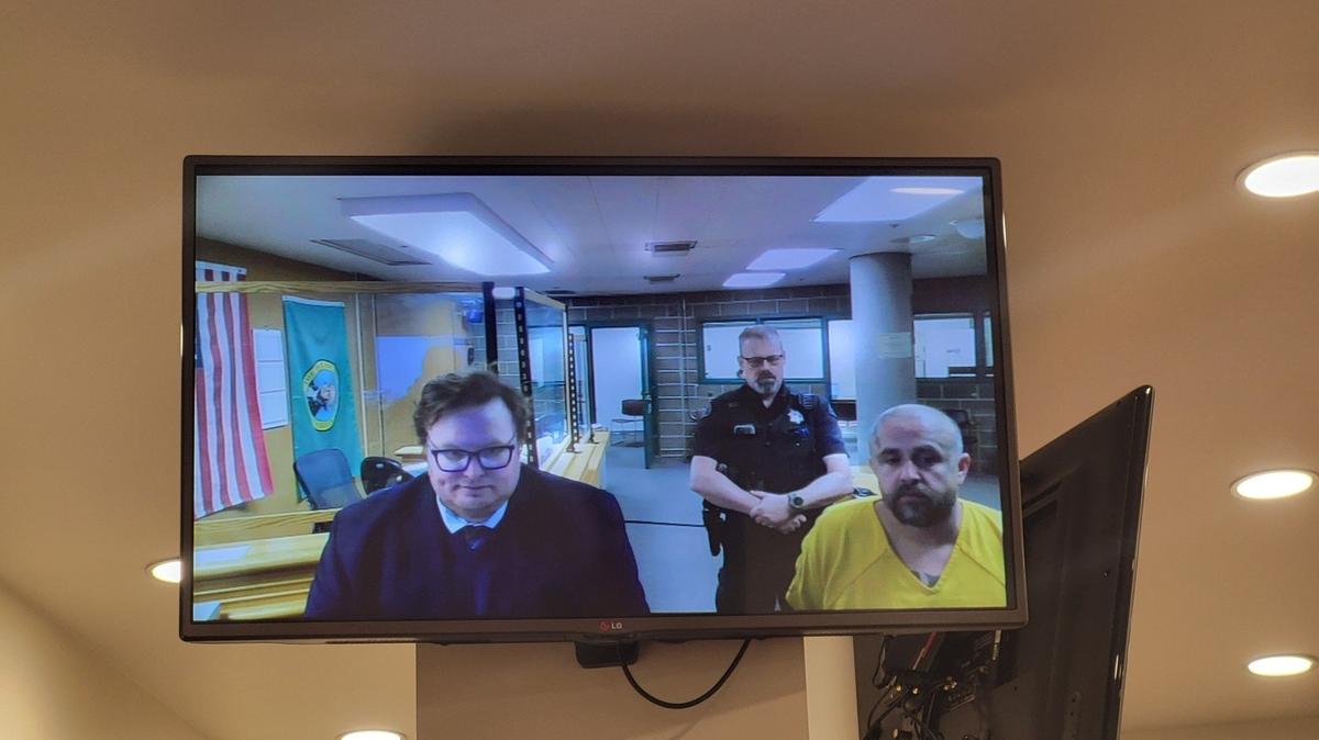 Angel Leffingwell (right) appears with his public defense attorney Matthew Palmer (left) for his arraignment Friday, March 29, 2024 in Whatcom County Superior Court in Bellingham, Wash. Leffingwell is accused of controlled substance homicide for allegedly providing fentanyl that led to the suspected overdose death and hospitalization of two men in the downtown Whatcom County Jail in mid-March 2024.