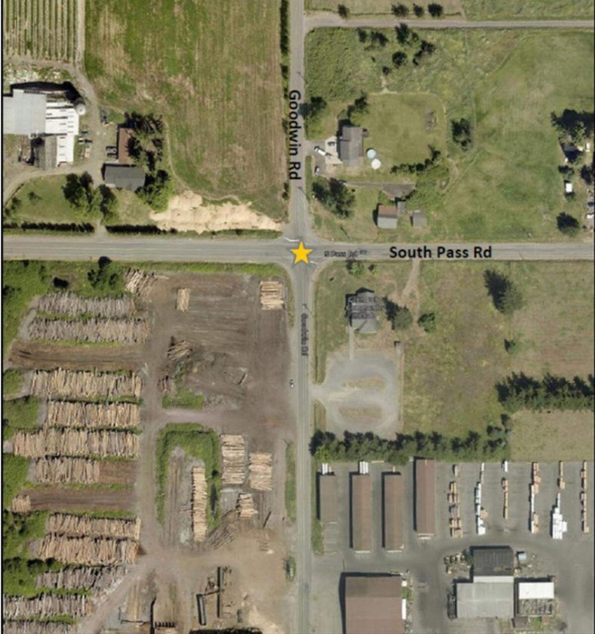 A photo from a Whatcom County Public Works Department traffic study shows the intersection of South Pass and Goodwin roads, where a flashing four-way stop sign has been installed.