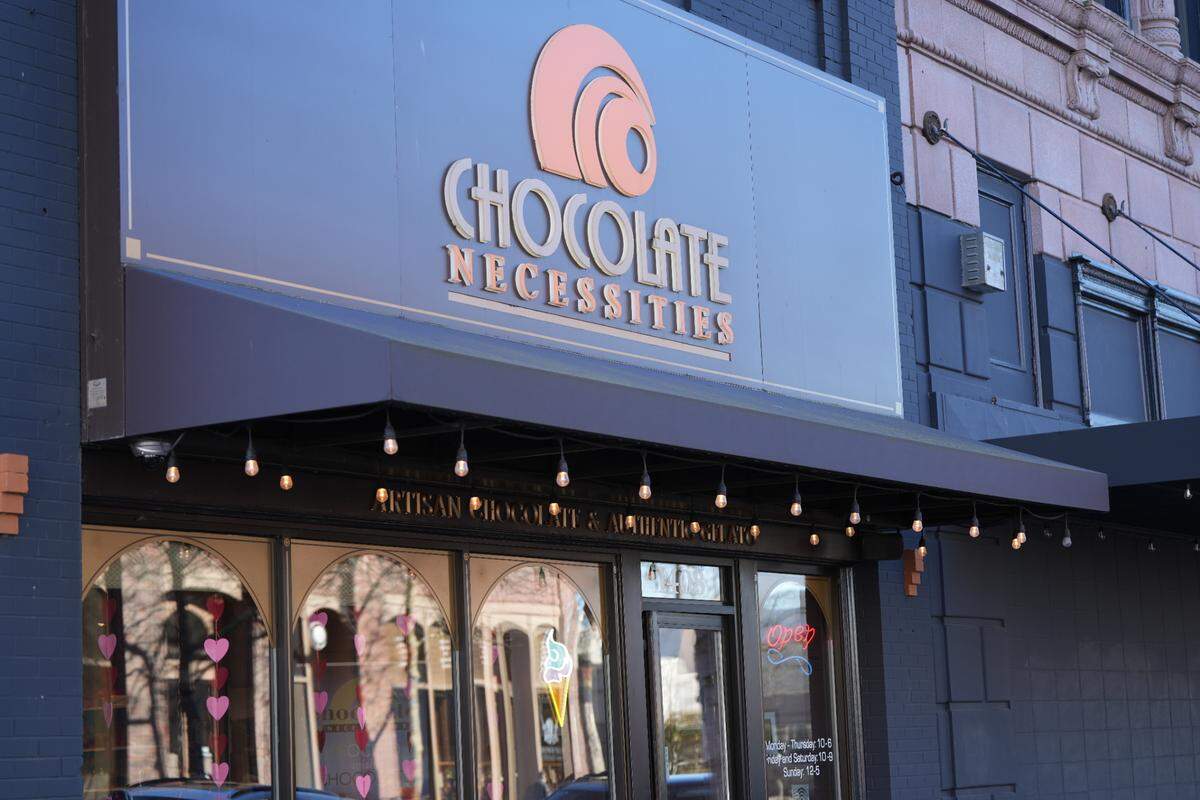 Chocolate Necessities, which sells handmade artisan chocolate truffles, is decorated for the Valentine’s Day holiday on Tuesday, February 13, 2024, in Bellingham, Wash.