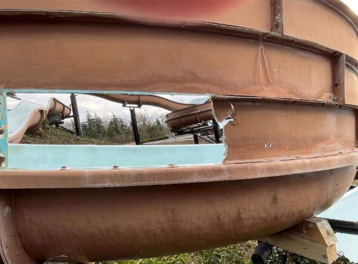 A photo from a Feb. 29, 2024, inspection report shows the damaged section of the Birch Bay Waterslides where a man was injured in 2023.