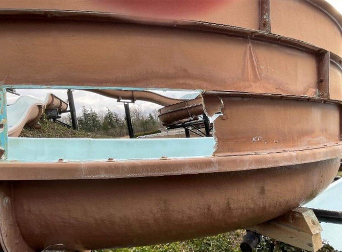 A photo from a Feb. 29, 2024, inspection report shows the damaged section of slide at Birch Bay Waterslides where a man was injured on Aug. 25, 2023.
