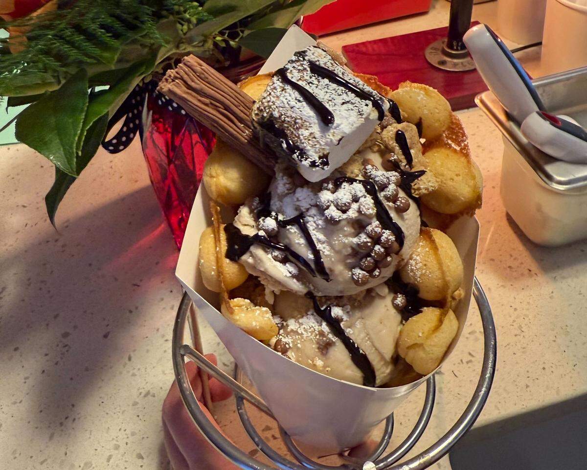 A bubble waffle ice cream sundae at Love From London restaurant at 1301 Commercial St. in downtown Bellingham, Wash. on Feb. 25, 2025.