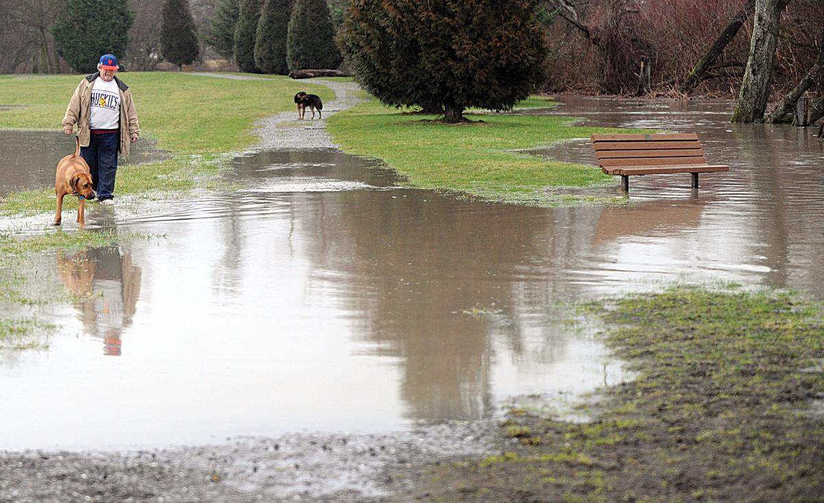 Jim Byrnes, of Ferndale, walks with his dogs Zach, Jack and Henry, along the overflowing Nooksack River at VanderYacht Park in 2011.