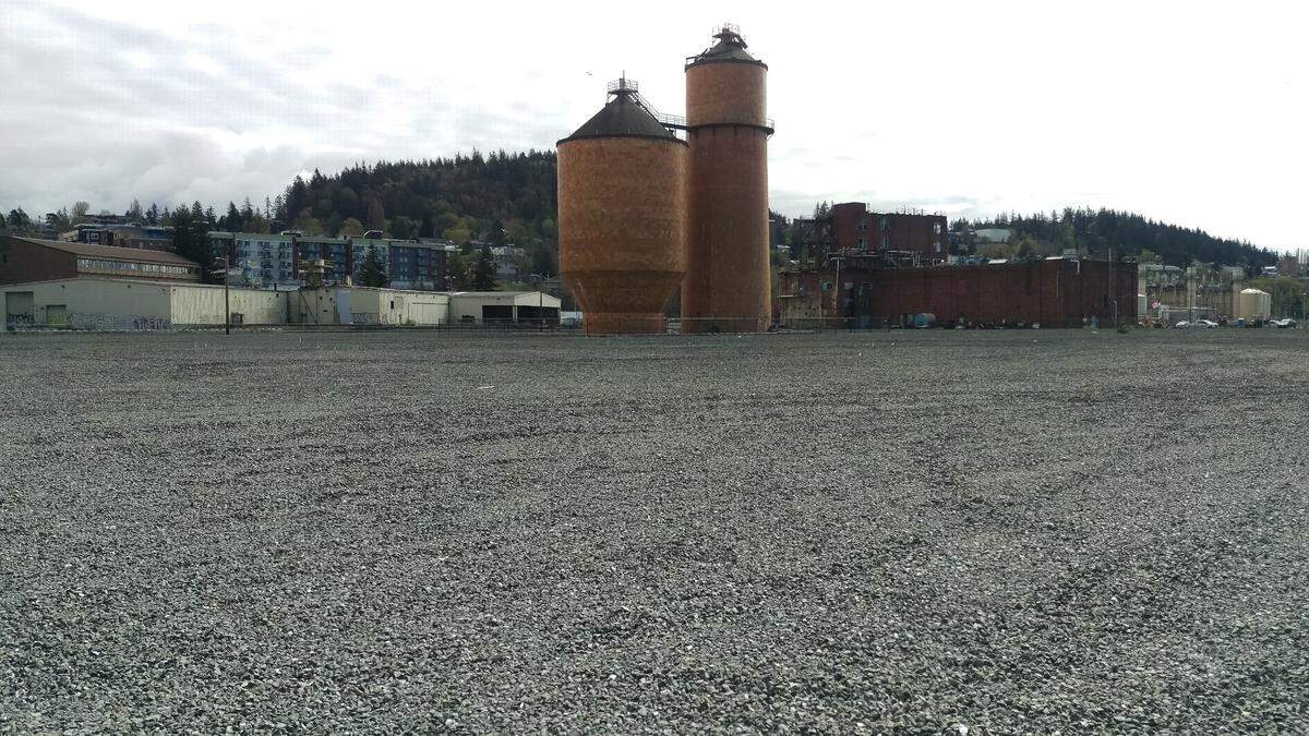 A temporary bike pump track that is expected to be built on the former Georgia-Pacific site on the central waterfront in Bellingham. The track, set to be near the two orange-tiled tanks, could open in summer 2019.