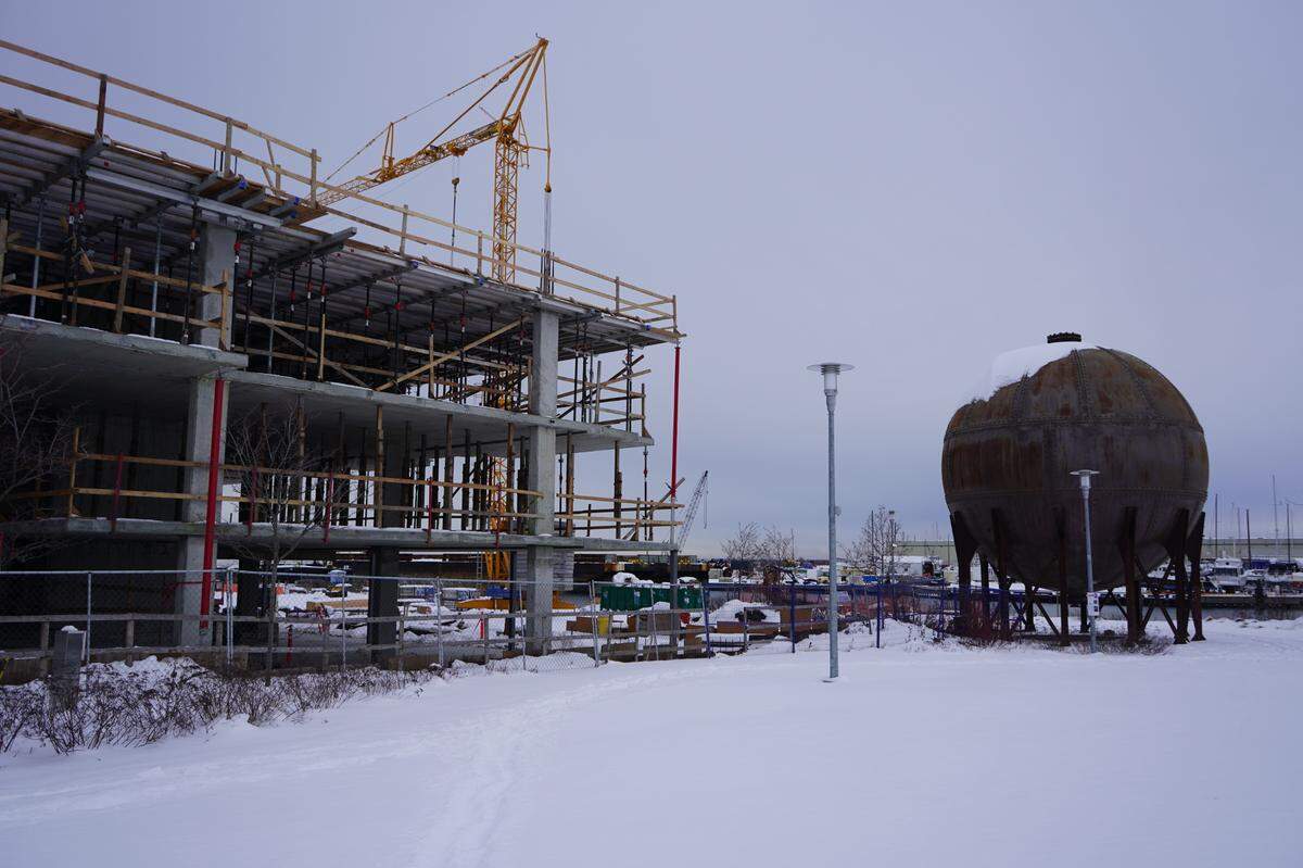 The luxury Waterfront Living condos are under development next to the historic Acid Ball Thursday, Dec. 22 in Bellingham. It’s near the Waypoint sculpture, the acid ball industrial artifact installed at Waypoint Park.