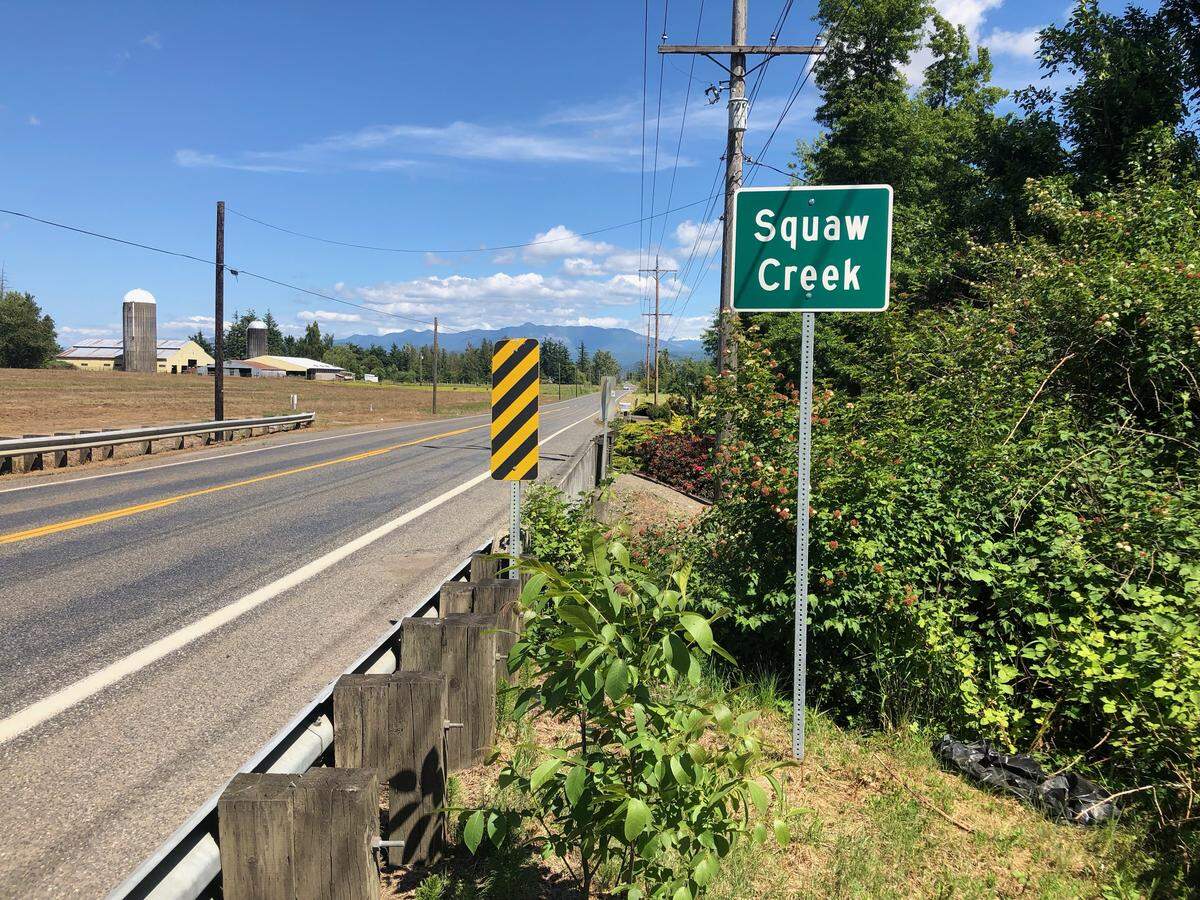 A sign along east Badger Road in Whatcom County marks Squaw Creek Monday. The Nooksack Tribe says the name is offensive and is asking the Washington state Committee on Geographic Names to change the name Páatstel Creek, which was its traditional name.