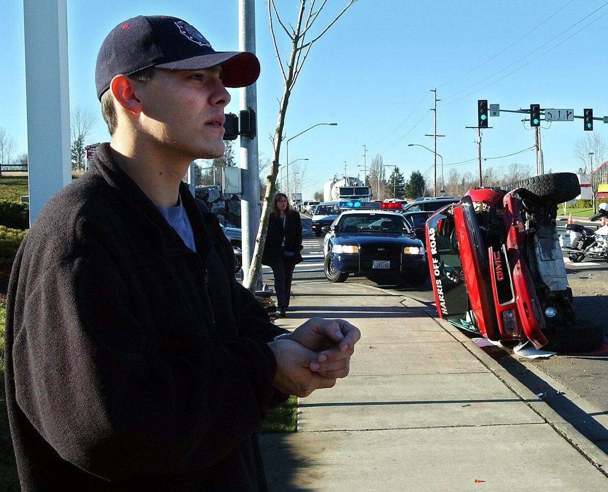 Curtis Powless, then 22, of Ferndale, holds his hand that was injured in an accident when his truck flipped on it's side in January 2003. Powless was heading eastbound on Bakerview Road at Cordata Parkway. The intersection ranked No. 3 for the number of traffic accidents during an 18-month distract driving study by the Bellingham Police Department from January 2016 through June 2017.