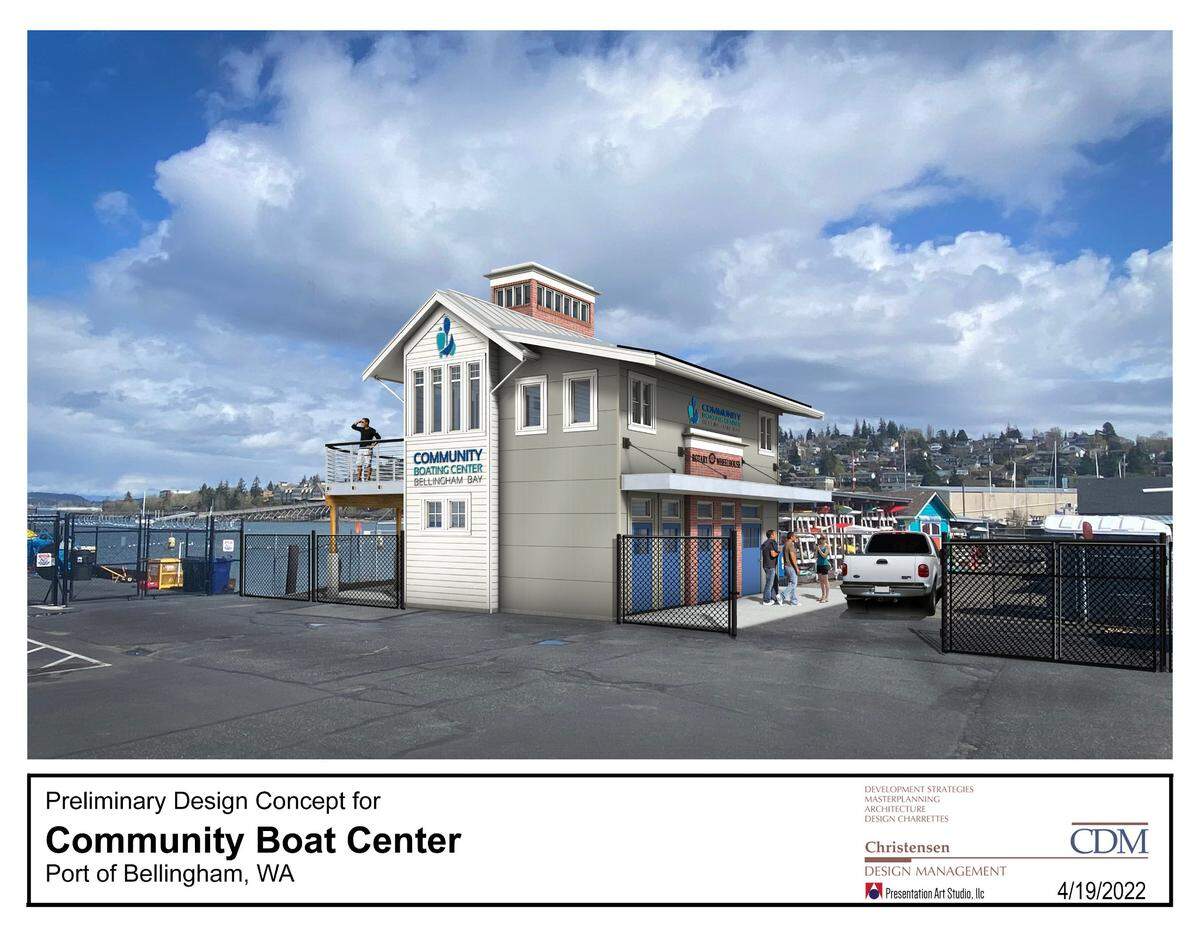 A rendering shows the planned Wheelhouse building on the site of the Community Boating Center in Bellingham, Wash. The building is expected to be complete in the spring of 2024 and will include a heated gathering space, restrooms, showers and changing facilities.