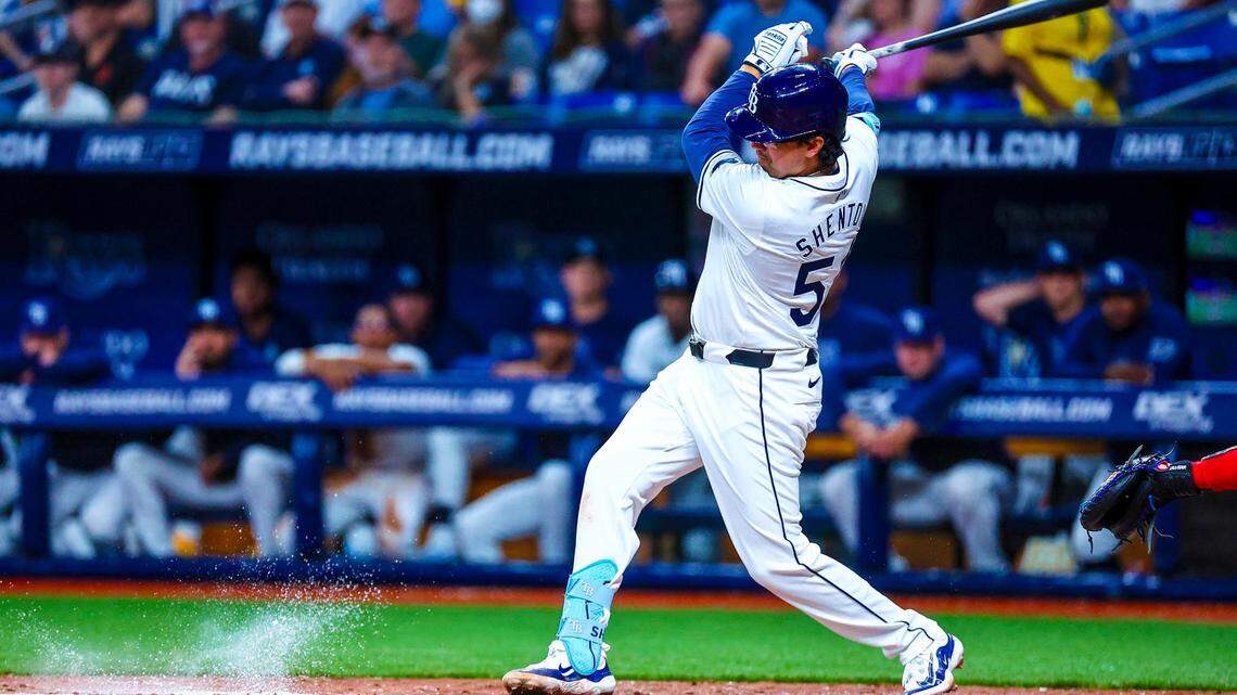 Austin Shenton swings at a pitch during a game against the Texas Rangers on April 1.