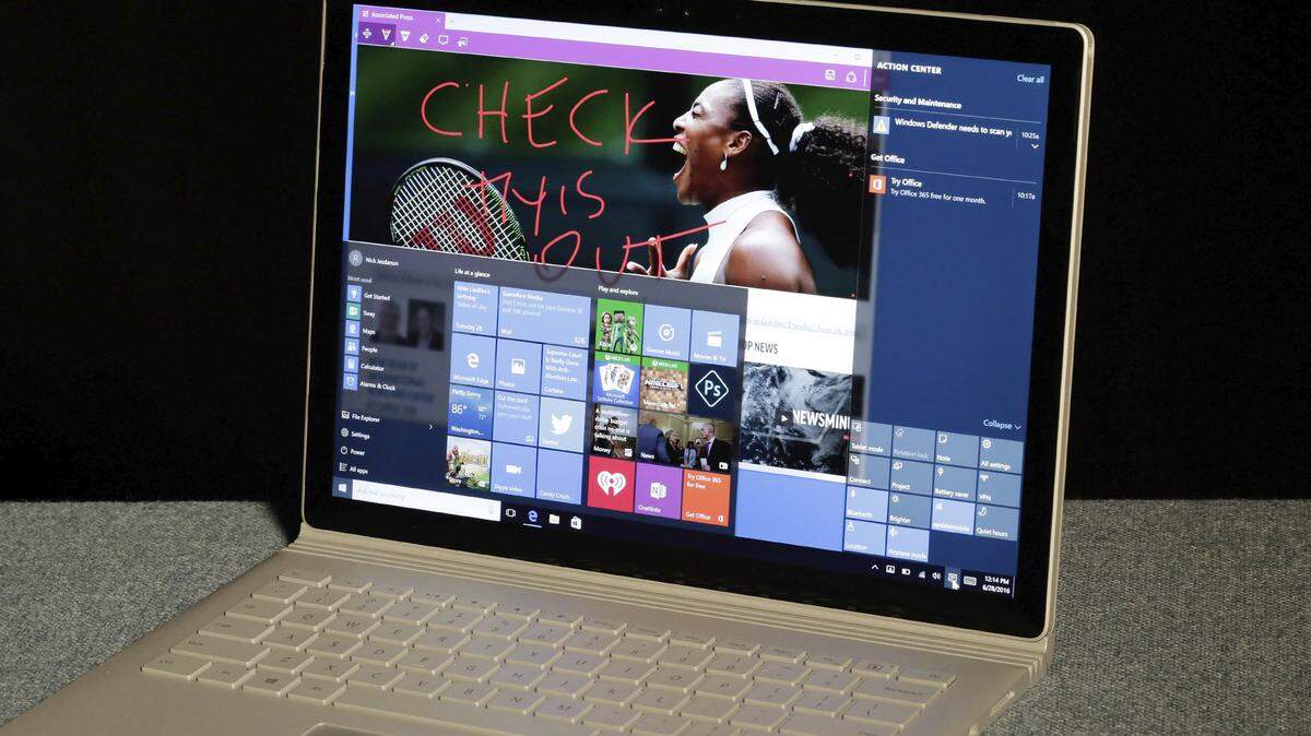 This June 28, 2016 file photo shows Windows 10 operating on a Microsoft Surface computer in New York. Pressing the Windows and plus (+) keys together automatically activates the Magnifier, the built-in Ease of Access utility for enlarging the screen, and you can adjust the level of magnification. (AP Photo/Richard Drew, File)