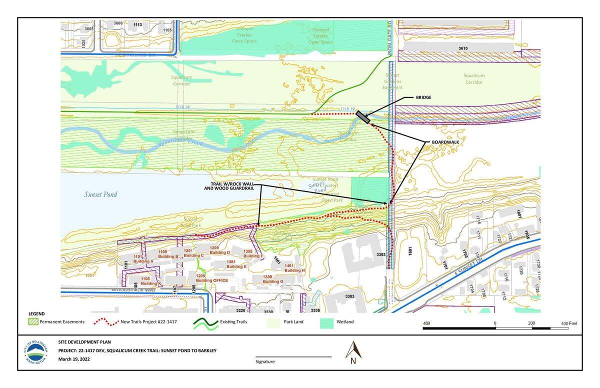 A city of Bellingham map shows the proposed trail around Sunset Pond, which will serve as a connector route from the new hiking and biking path under Interstate 5 to the Irongate, King Mountain and Barkley areas.