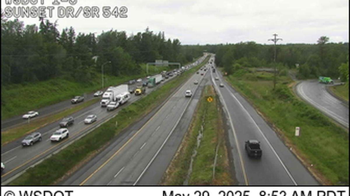 Traffic is backed up on Southbound I-5 through Sunset Drive following a collision near the Lakeway intersection.