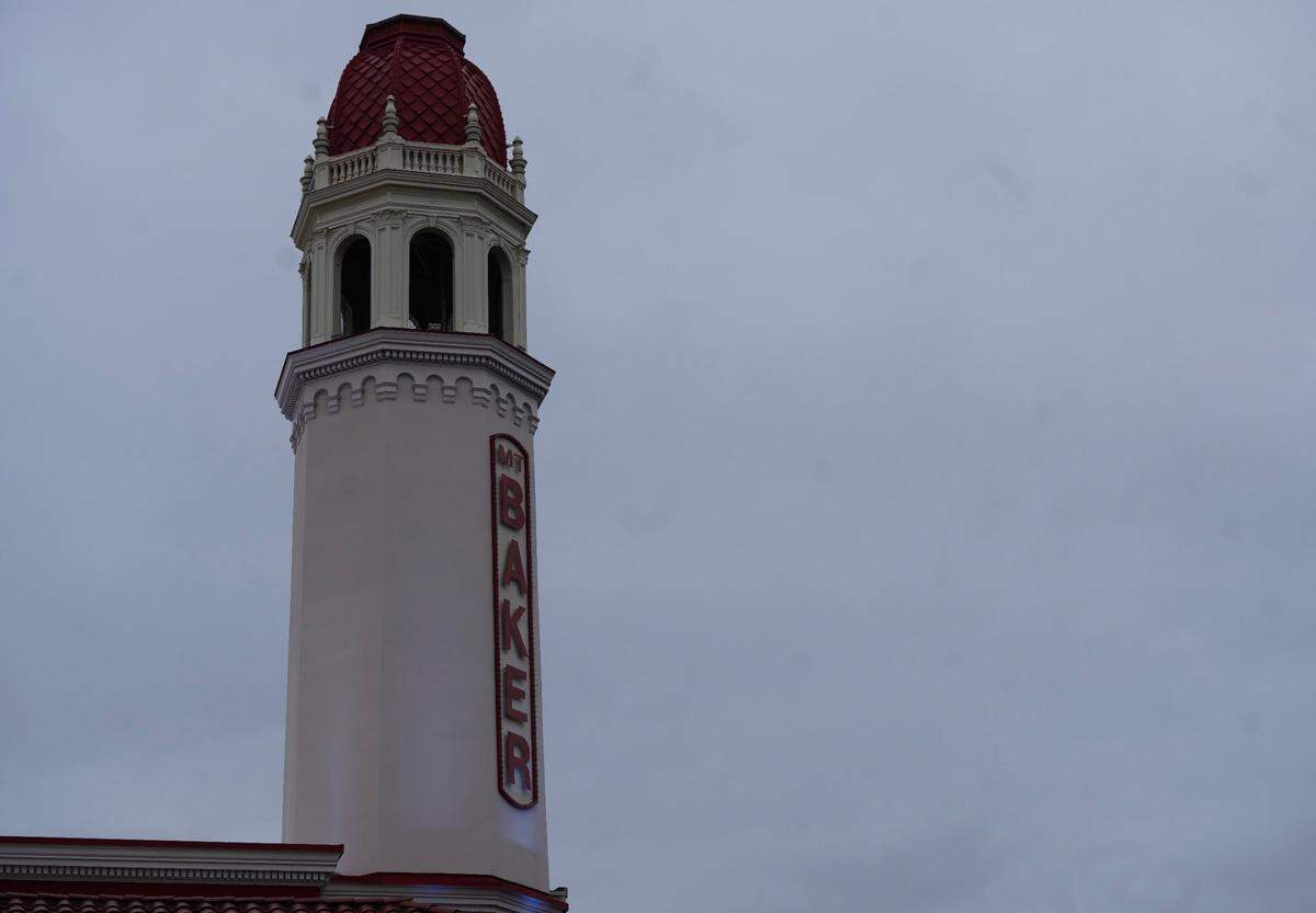 The Mount Baker Theatre tower stands above the performance and entertainment center in downtown Bellingham.