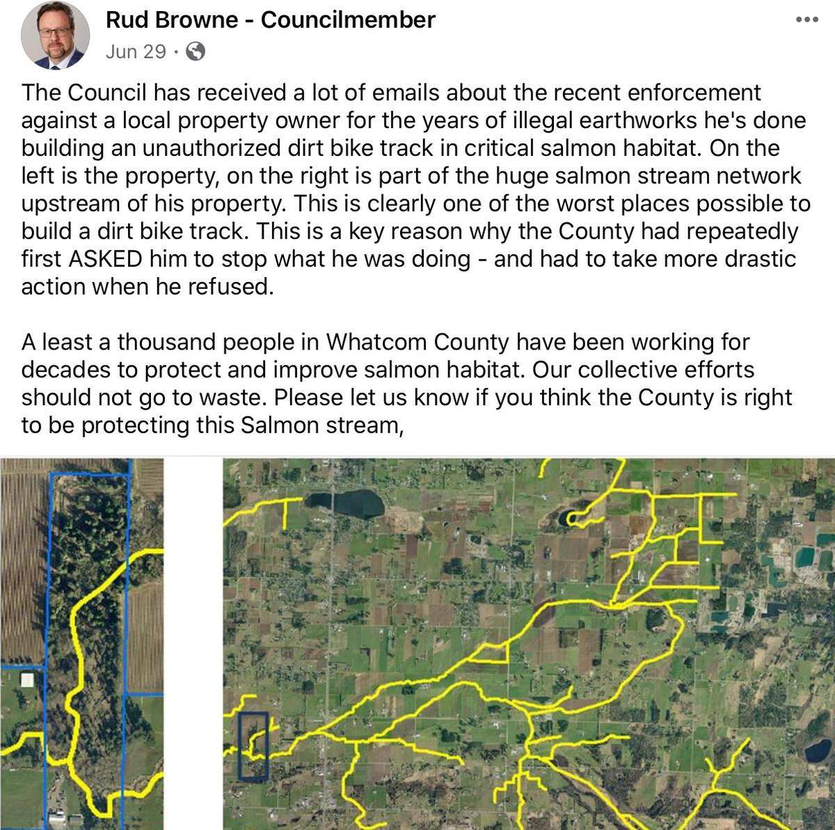 A Facebook post from Whatcom County Councilman Rud Browne shows the property that’s use is disputed by Danny Brocker, who was ordered to jail June 24, 2020, for not complying with land use regulations in Whatcom County, Wash.