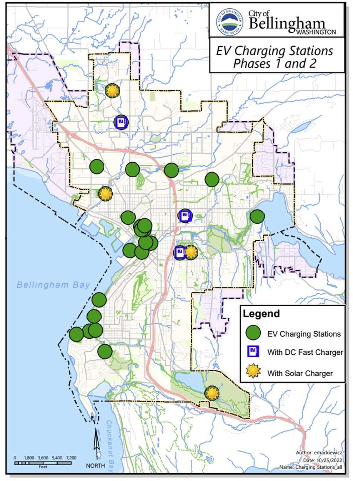 A city map shows the electric vehicle charging stations in Bellingham added in phases one and two of the Electrification of Transportation project.