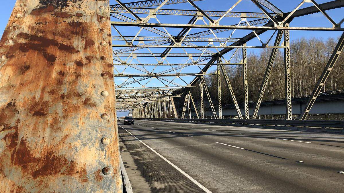 Rust spots on the Stillaguamish River bridge on Interstate-5 show where it is weathered and damaged and in need of a new coat of paint, according to the Washington State Department of Transportation. Contractor crews will begin a preservation project to protect the aging structure in April.