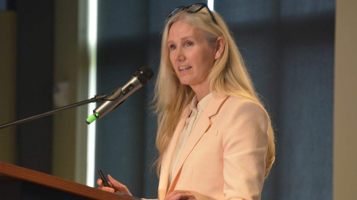 Bellingham, Wash., Mayor Kim Lund speaks to members of the Bellingham Regional Chamber of Commerce during the annual “State of the City and County” address at the Hotel Bellwether ballroom on Tuesday, May 20, 2025.