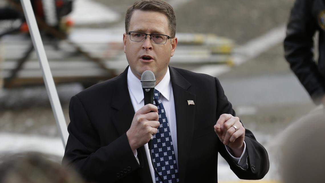 FILE - In this Jan. 13, 2017 file photo Rep. Matt Shea, R-Spokane, speaks at a gun-rights rally, at the Capitol in Olympia, Wash. Shea is a leading proponent of creating a 51st state called Liberty, comprised of counties in eastern Washington.