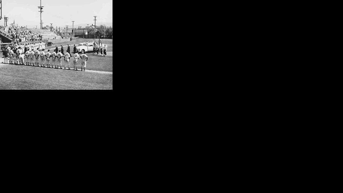 Ceremonies mark the opening day game between the Bellingham Bells and the Seattle Elks in May 1949. The stadium at Battersby Field, located near Whatcom Middle School, has since been torn down.