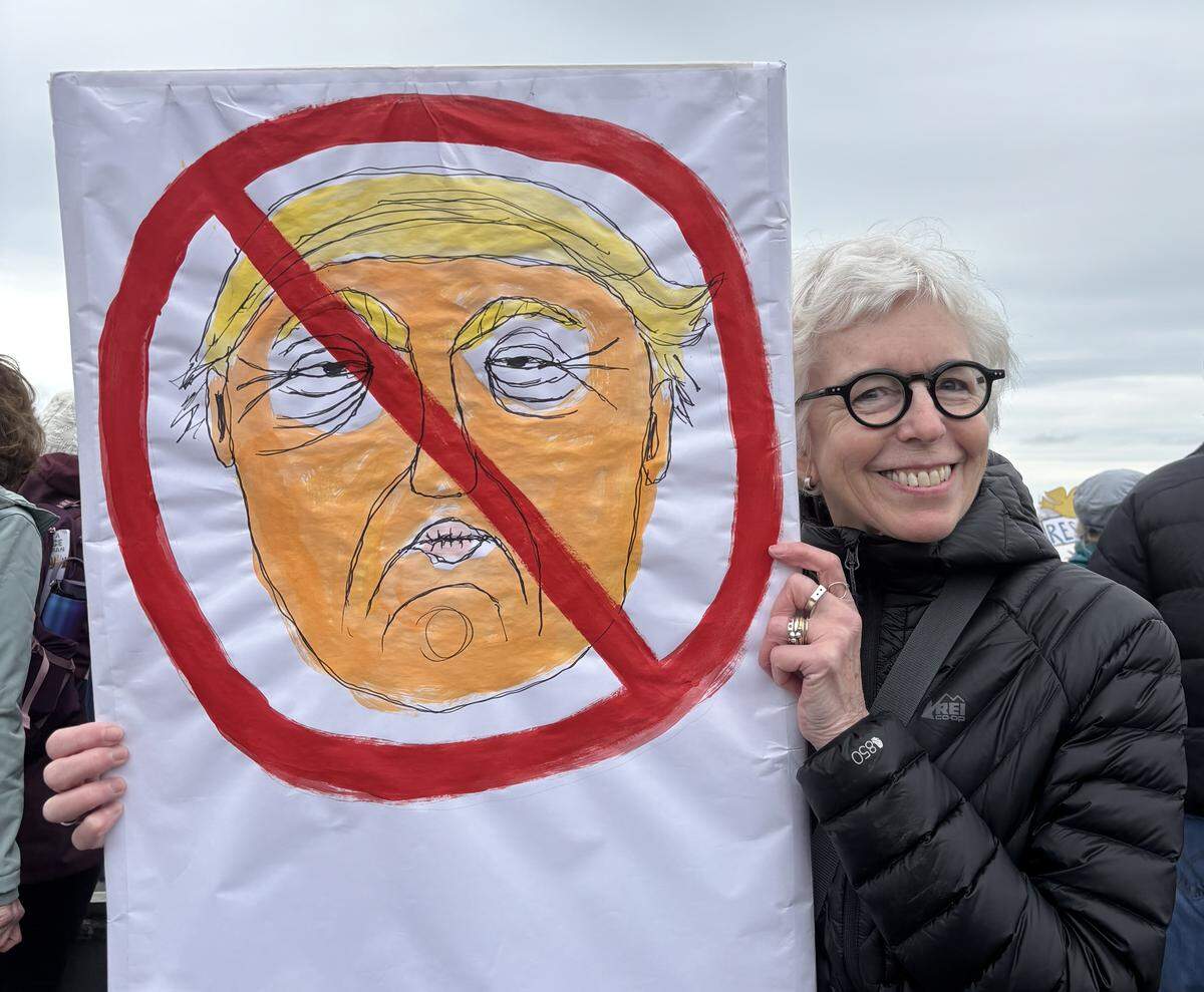 Susan Bennetstrom at the No Kings rally in Bellingham on March 28, 2026.