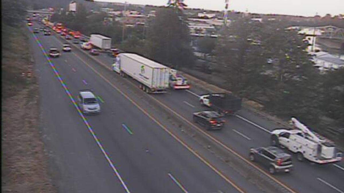 Washington State Department of Transportation traffic camera shows traffic stopped on southbound Interstate 5 at Highland Street in Mount Vernon early Wednesday, July 27.