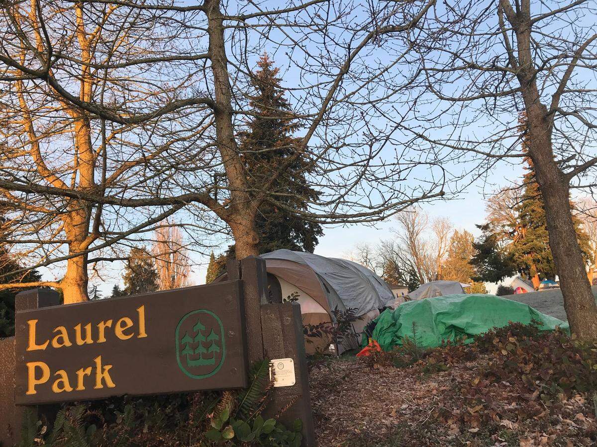 As the city seeks to clear a homeless encampment at Frank Geri Fields on Tuesday, March 16, new homeless encampments have begun at Laurel Park in the Sehome Hill neighborhood and near Waypoint Park in Bellingham.