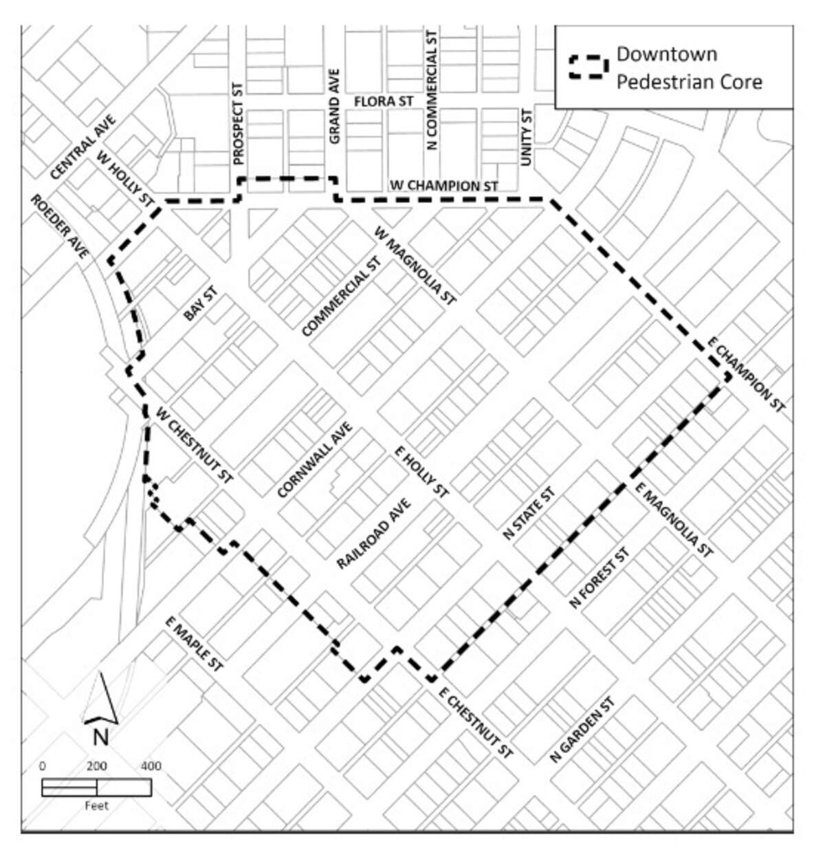 A dotted line on a map of downtown Bellingham shows the downtown pedestrian core where the city is offering a seven-year business and occupation tax credit in hopes of filling vacant storefronts.