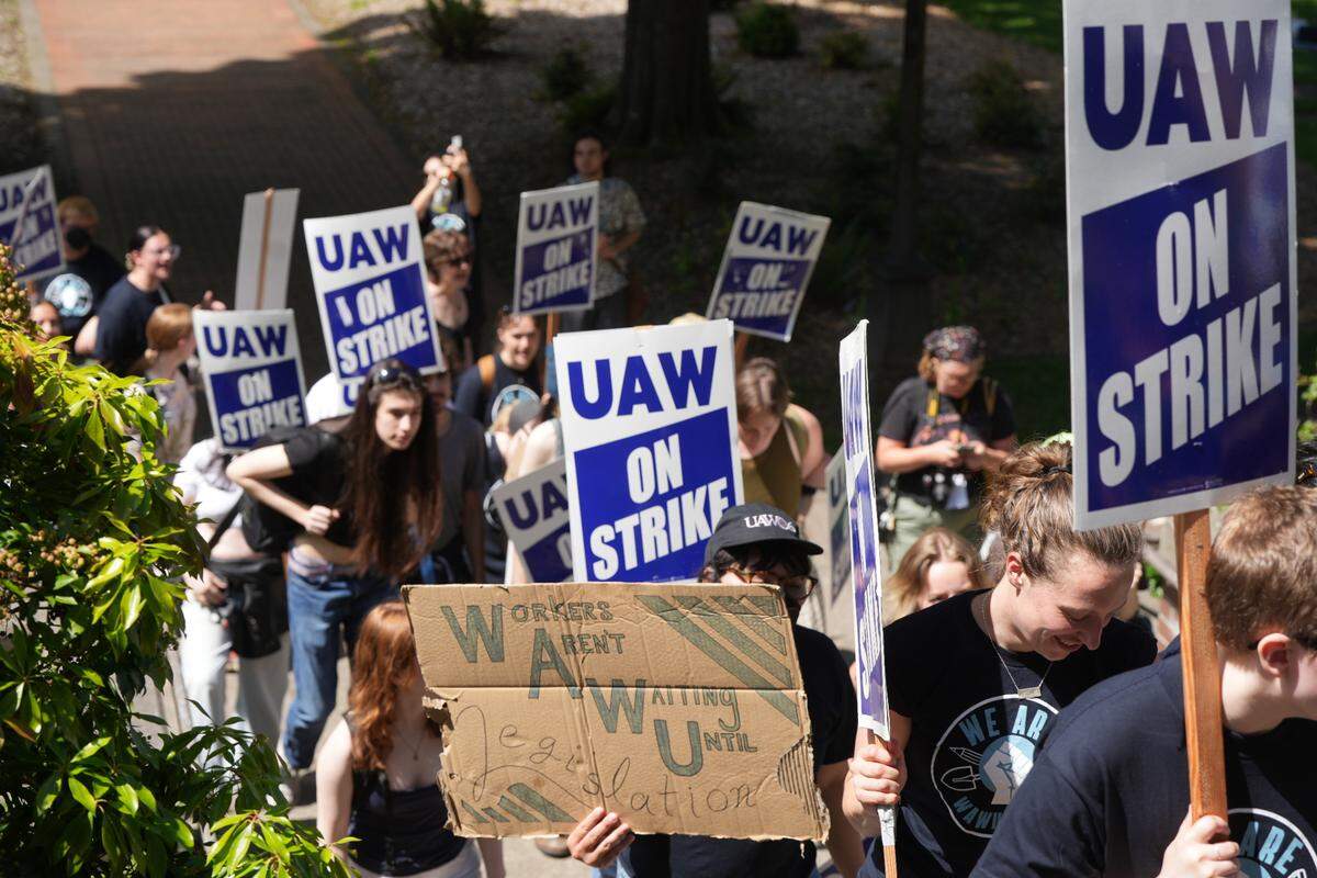 Operational Student Employees went on strike to demand recognition of their union by Western Washington University administration on Wednesday, May 28, 2025, in Bellingham, Wash.