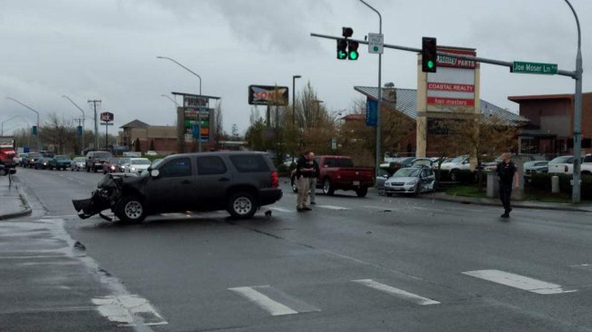 A Ferndale police officer responding to a call in a 2011 Chevrolet Tahoe drove through a red light, according to a Washington State Patrol press release, resulting in a two-car collision at Main Street and Barrett Road in Ferndale Thursday.
