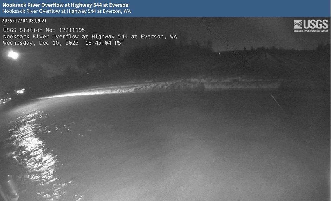 A USGS camera shows water over Pole Road in Everson at 6:45 p.m. Wednesday, Dec. 10, 2025.