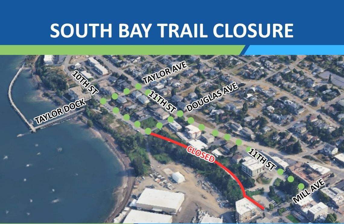 A map shows where the South Bay Trail is closed between Taylor Dock and downtown Fairhaven during construction of apartments, commerical space and a parking garage at 11th Street and Mill Avenue, which was formerly a dirt parking lot called “the Pit.”