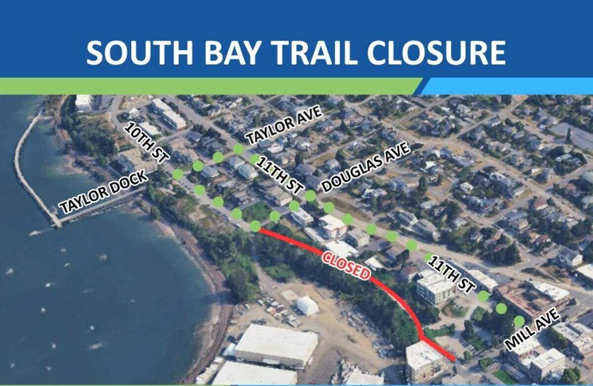A map shows where the South Bay Trail is closed between Taylor Dock and downtown Fairhaven during construction of apartments, commercial space and a parking garage at 11th Street and Mill Avenue, which was formerly a dirt parking lot called “the Pit.”