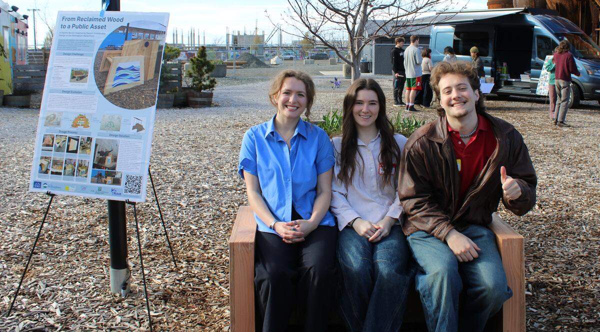 The WWU Denmark Design Cohort at their bench project reveal at the Bellingham Waterfront on Friday, March 20, 2026.