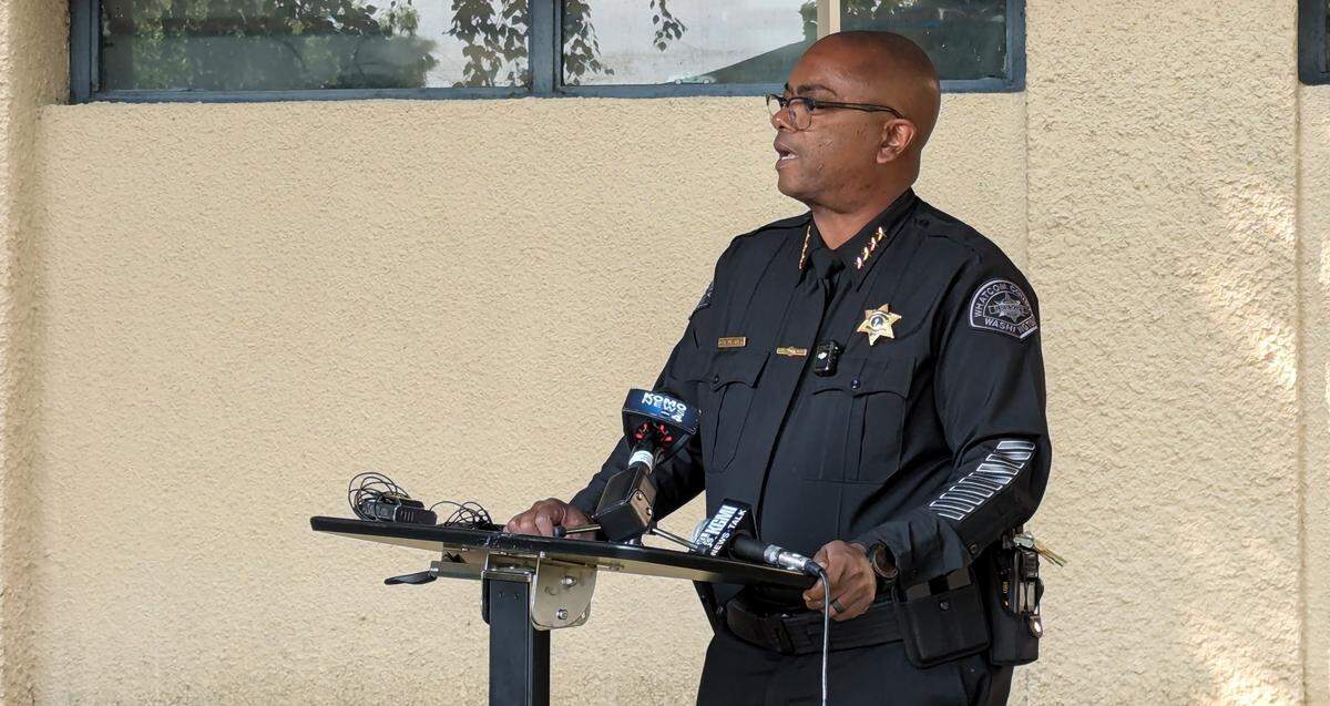 Whatcom County Sheriff Donnell “Tank” Tanksley speaks to members of the media outside the Whatcom County Courthouse on July 30, 2025, about 1st-degree murder charges brought against Jesus Abraham Penuelas-Agramon after a Lummi Nation Police officer was shot several times during a traffic stop.