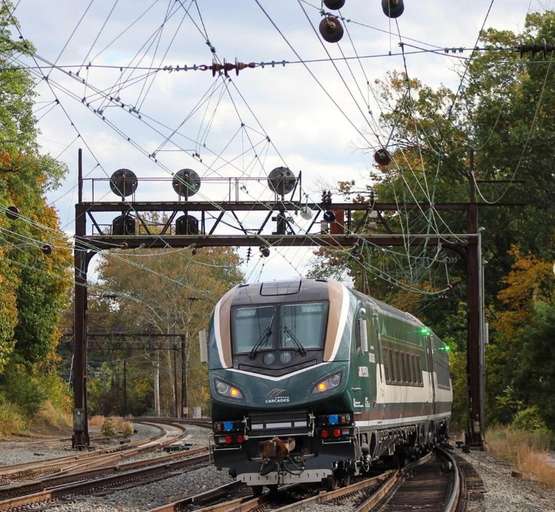 An Amtrak Airo train undergoes testing near Overbrook, Penn., in an undated photo from ncyrailfan on Instagram.